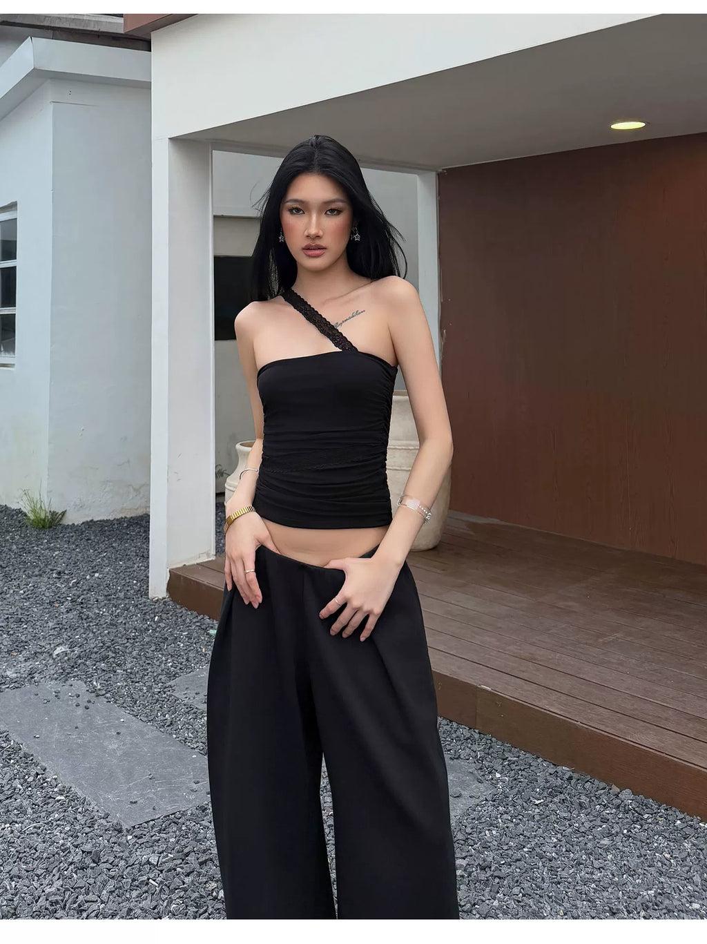 Audwyn Skinny Pleated Wide Leg Pants