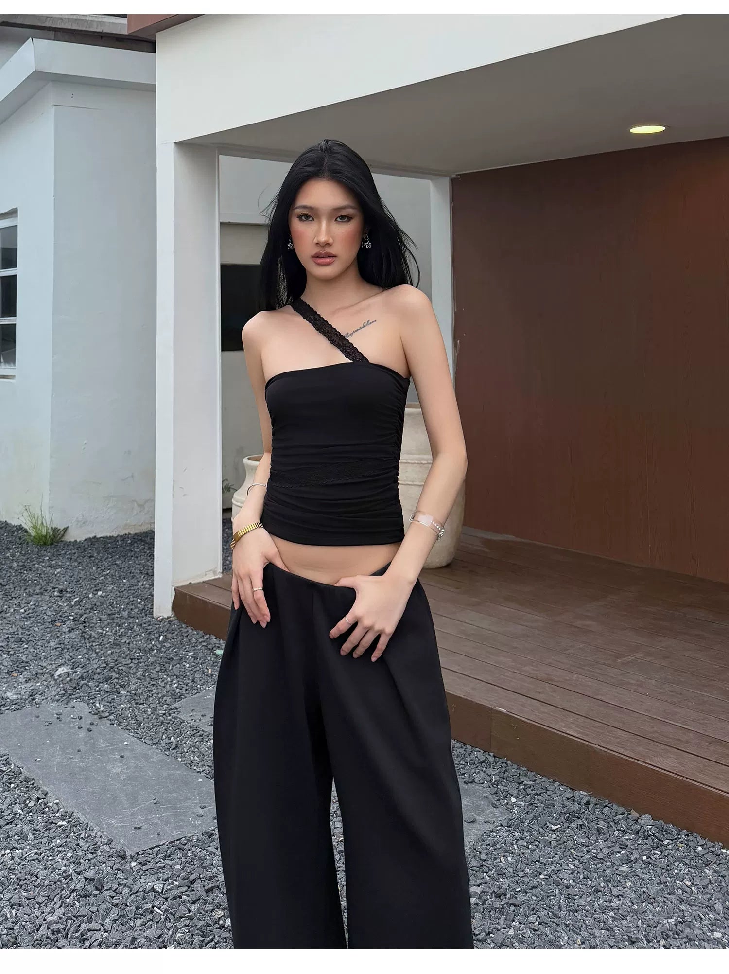 Audwyn Skinny Pleated Wide Leg Pants
