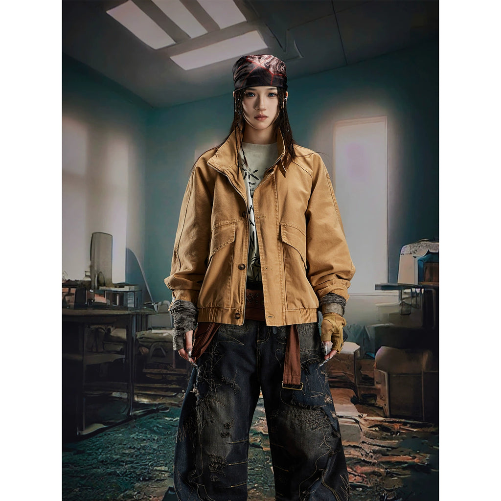 NOMANIAI Simple Versatile Stand-up Collar Short Wide Zipper Jacket