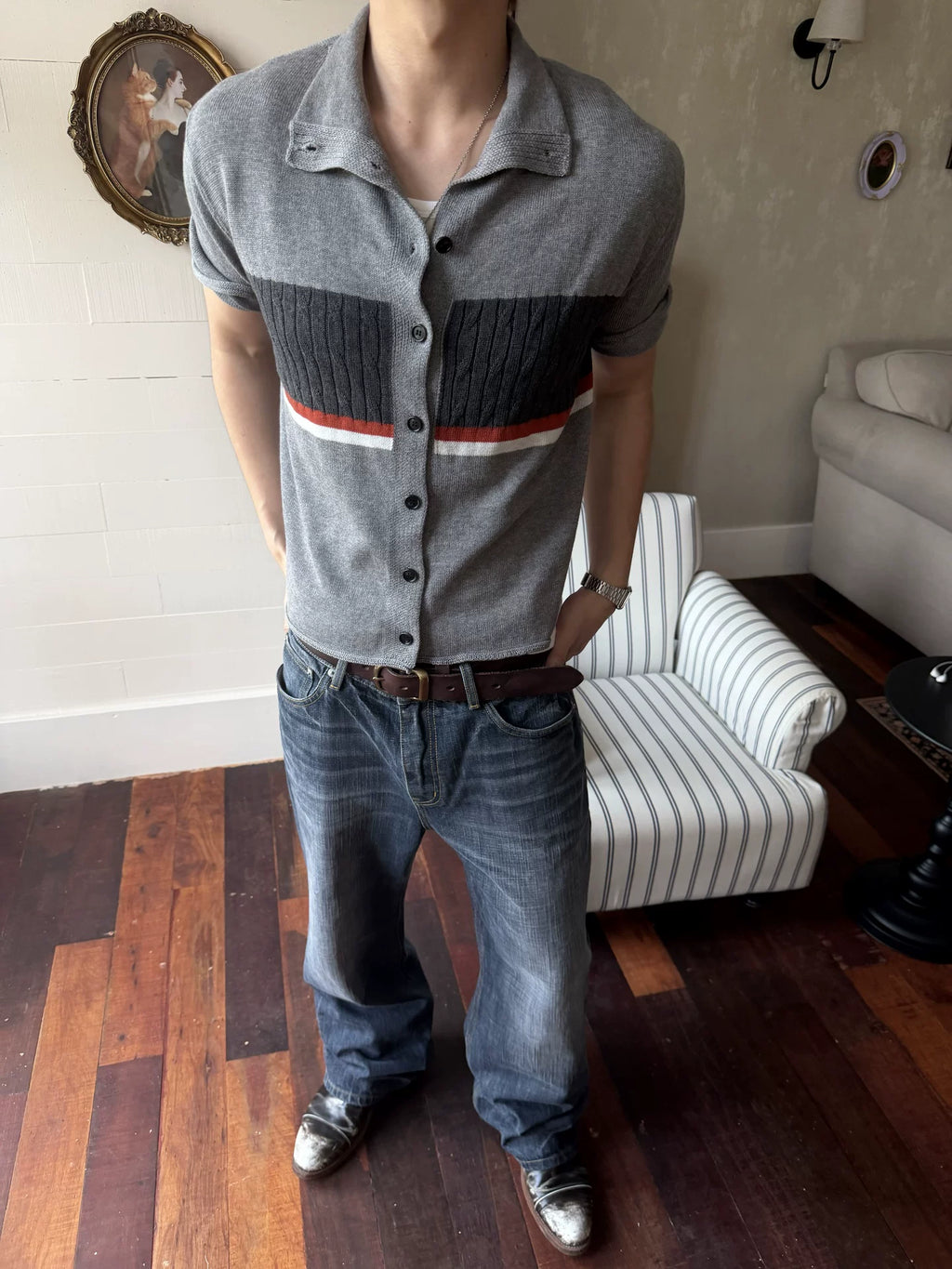 TREclub Retro Twisted Contrasting Thin Knitted Tee