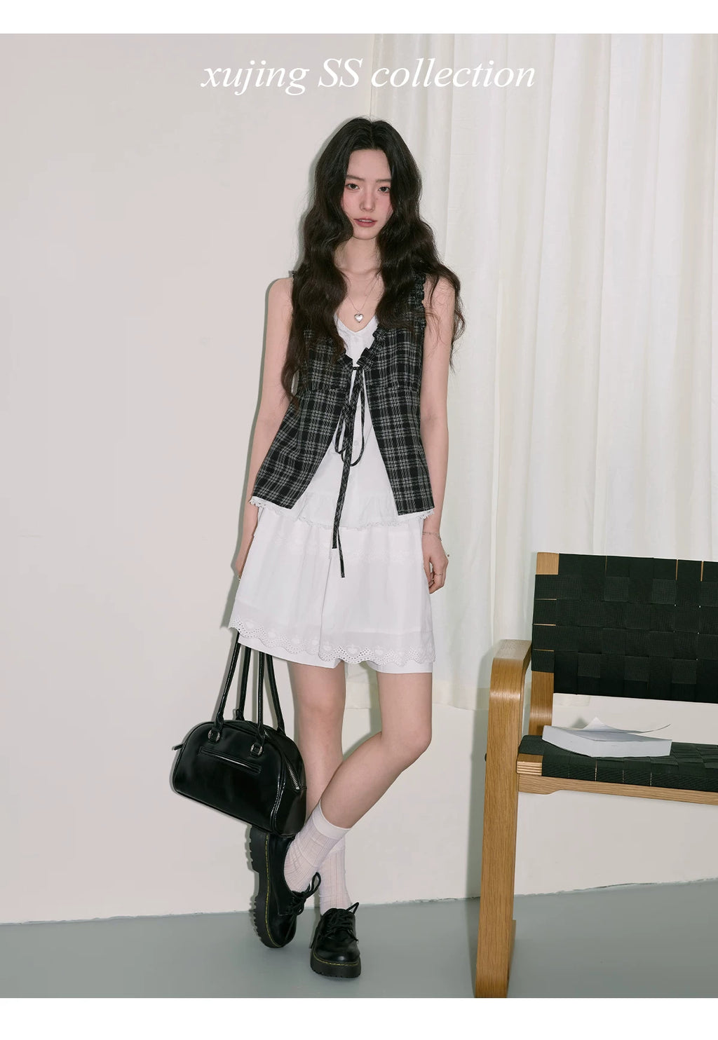 XUJING Fake Two-piece Lace-up Splicing Plaid Sleeveless Tee