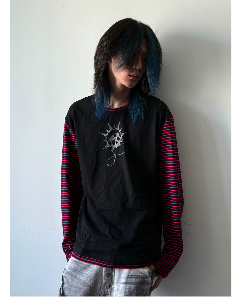 PAIKI Headphones Skull Striped Splicing Long-sleeved Sweater