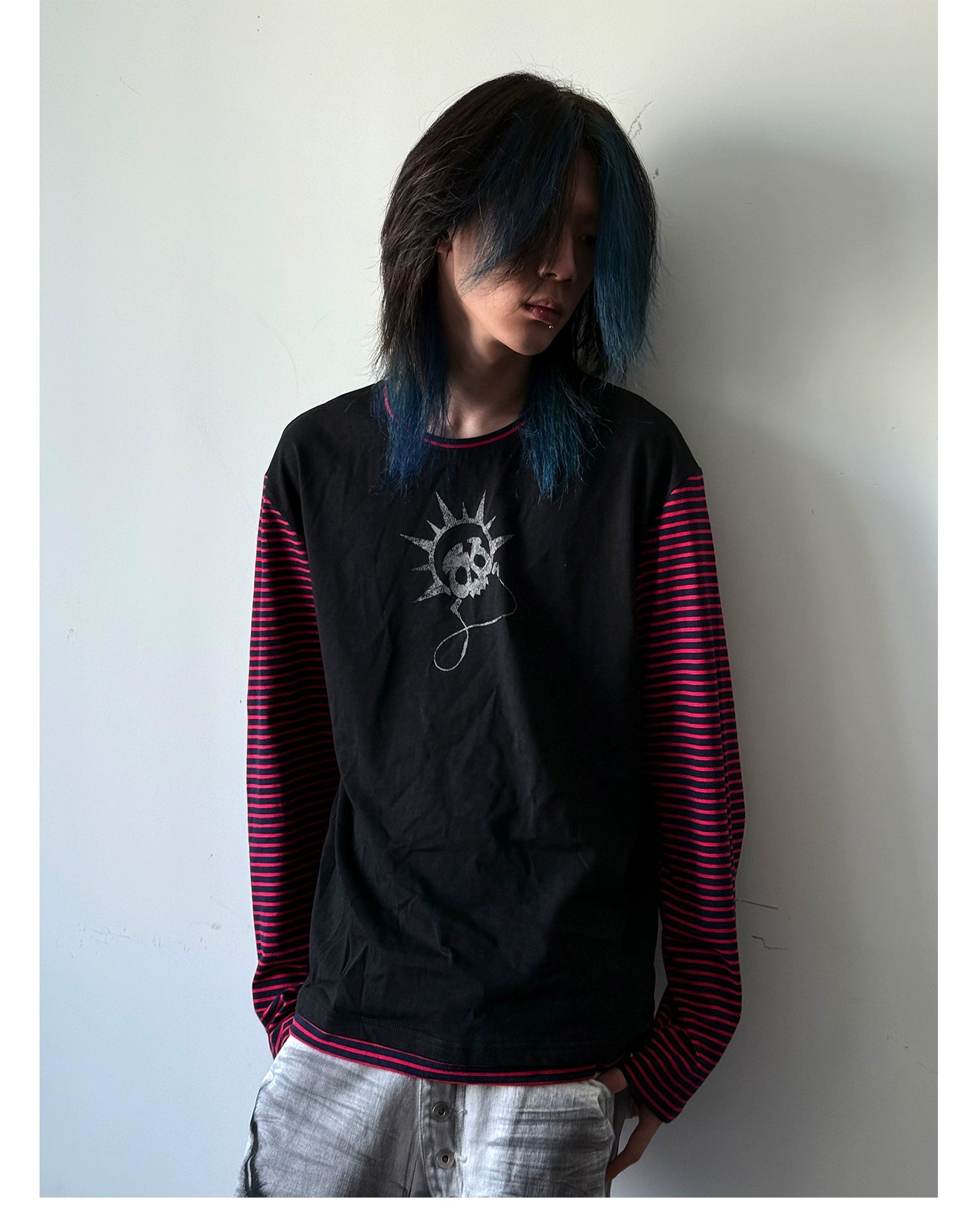 PAIKI Headphones Skull Striped Splicing Long-sleeved Sweater