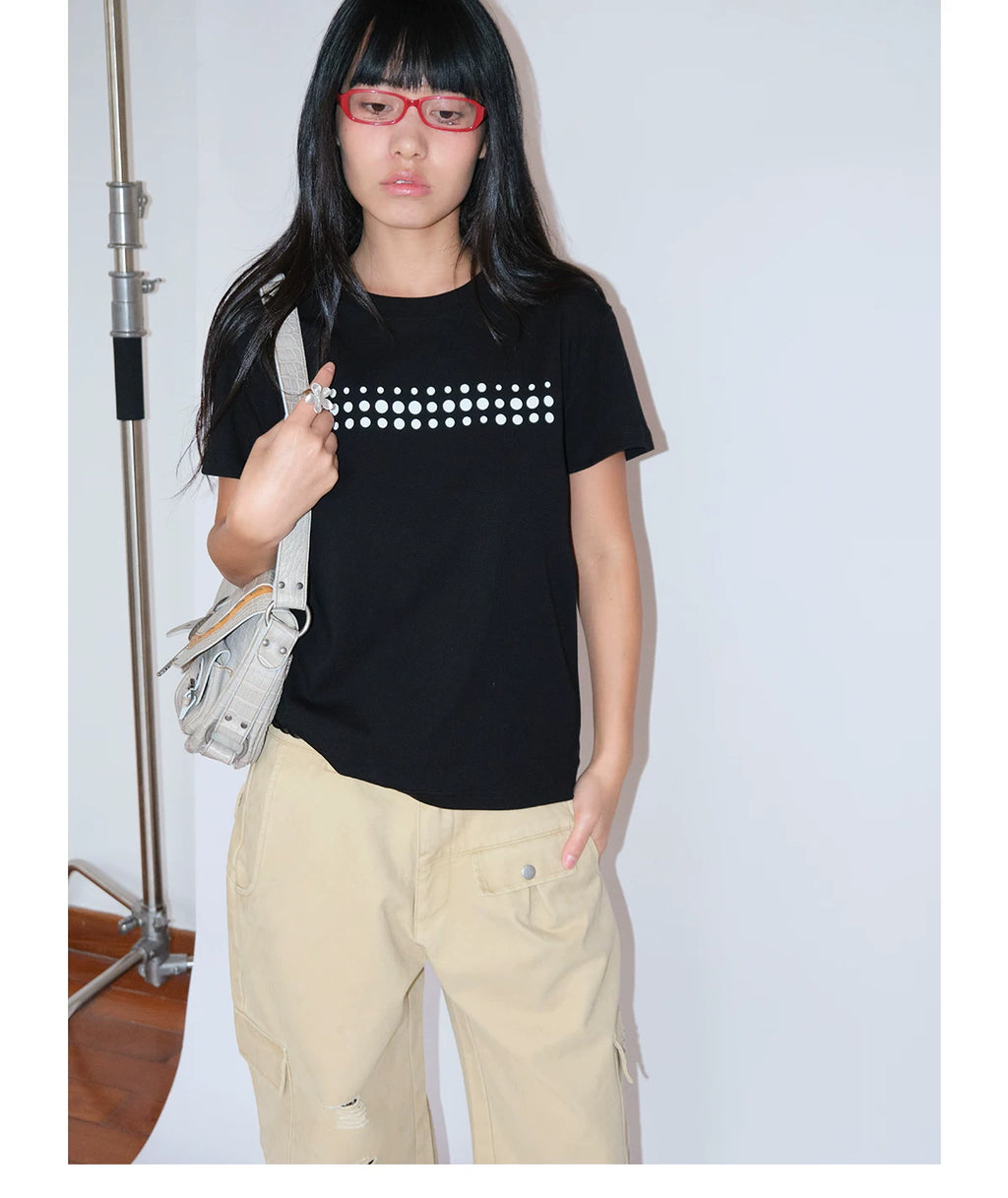 FUNKYFUN Irregular Polka Dot Print Front Shoulder Tee