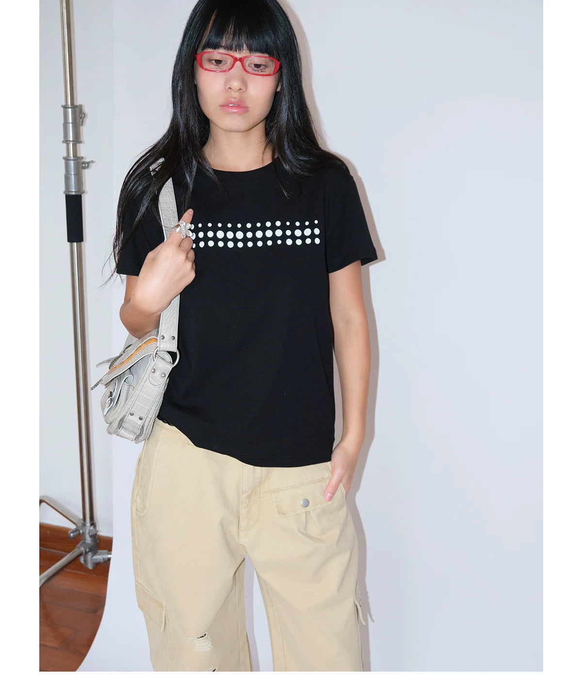 FUNKYFUN Irregular Polka Dot Print Front Shoulder Tee