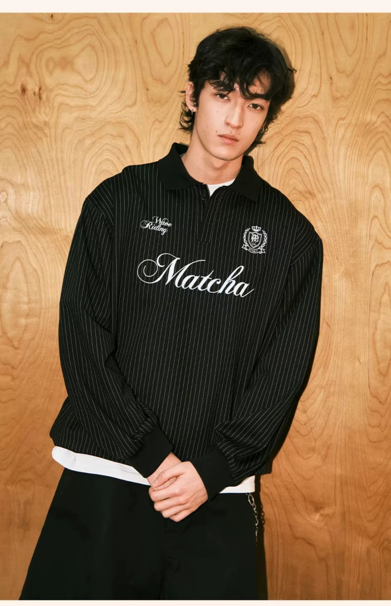 MATCHA STORY Vertical Striped Jacquard Lapel Sweater