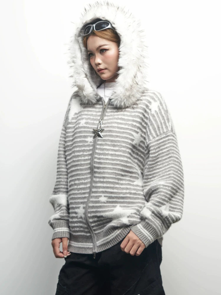 Saimt Retrostripes Fur Collar Hooded Knittingoutwear