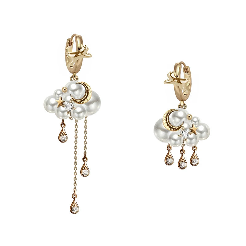MASW Pearl Tassel Exquisite Star and Moon Cat Earrings