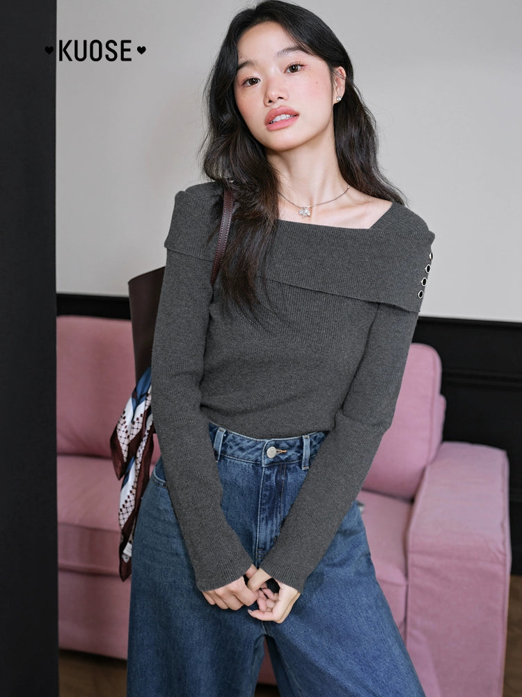 Kuose One-word Shoulder Thin Long-sleeved Knitted Sweater