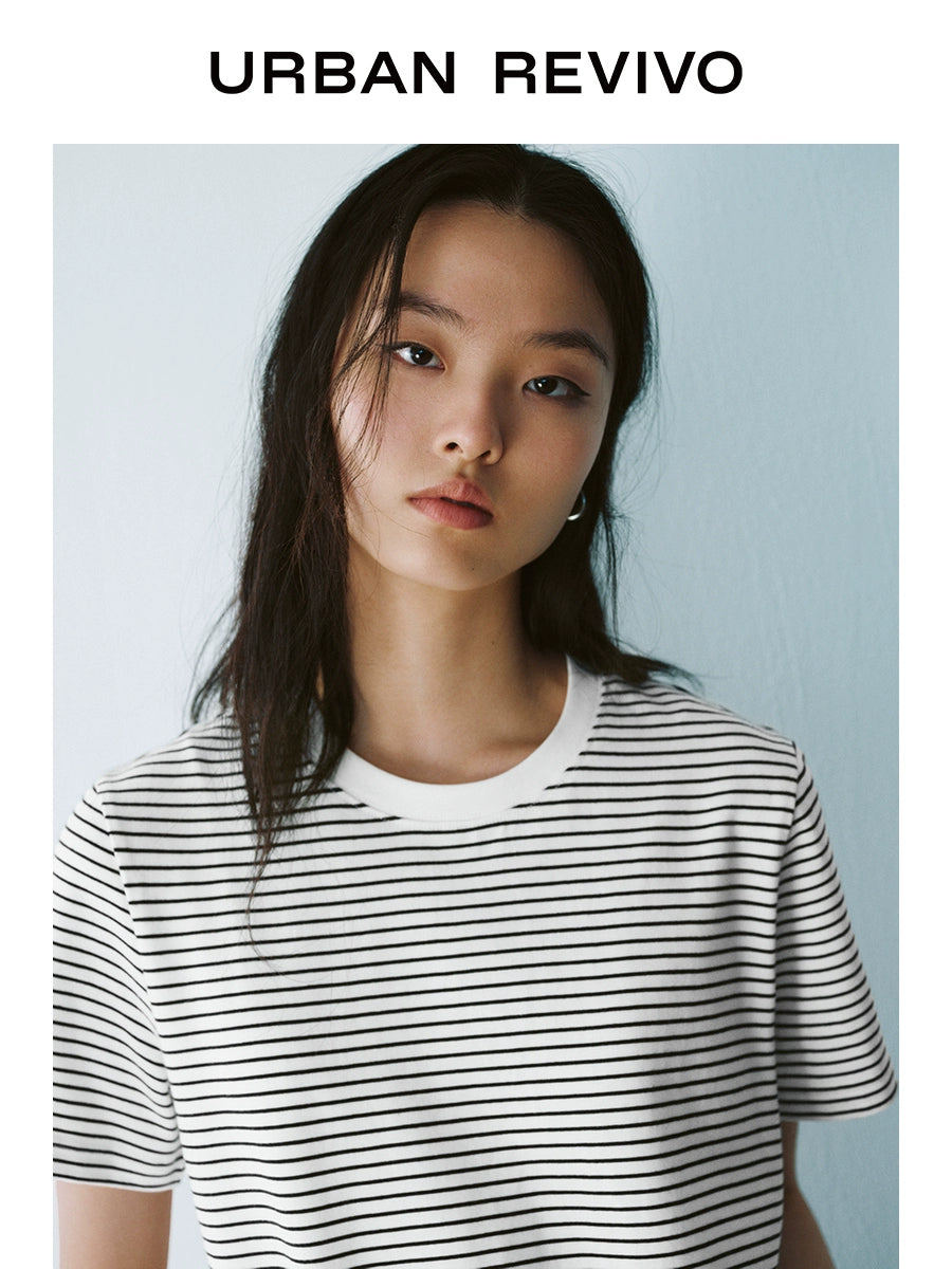URBAN REVIVO Contrast Striped Crew Neck Short Sleeve T-Shirt
