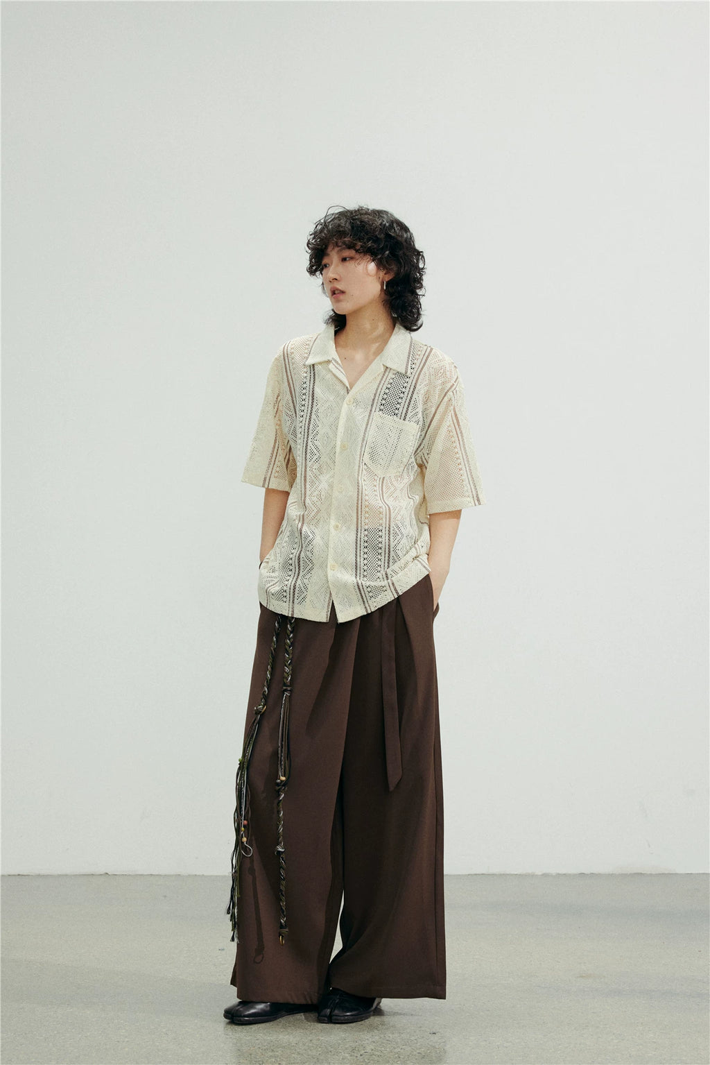 SUNYVONNE Hollow-out Sheer Casual Short-sleeve Shirt