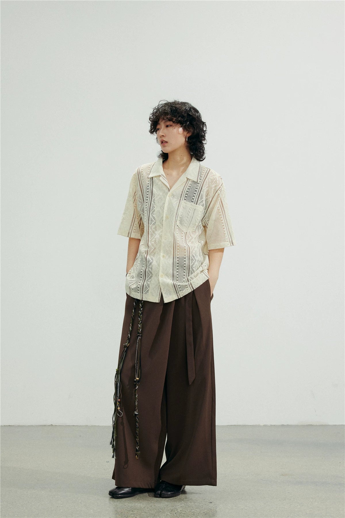 SUNYVONNE Hollow-out Sheer Casual Short-sleeve Shirt