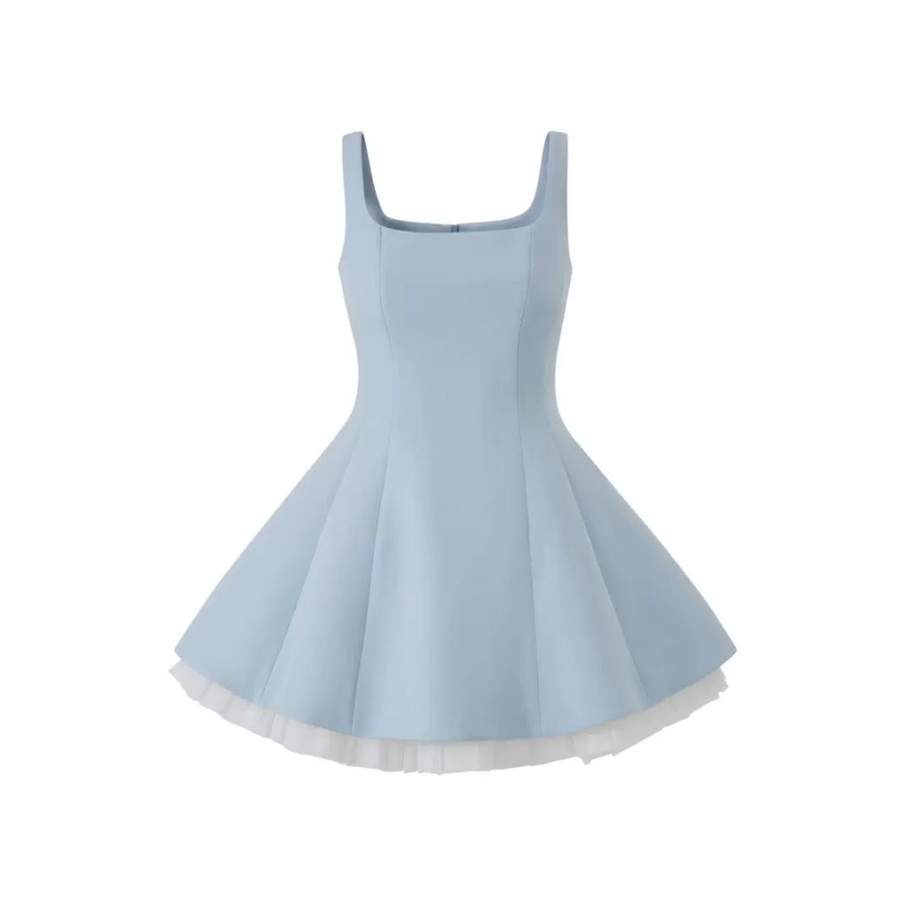 Avenement Square Neck Stitching Mesh Sleeveless Dress