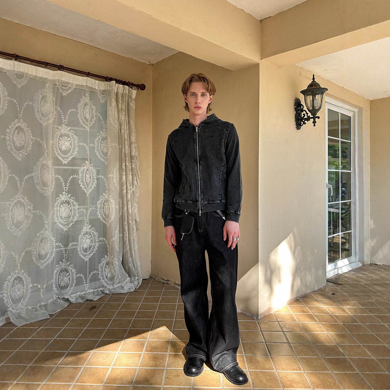 EME Embroidered Alphabet Ninja Hooded Slim-Fit Denim Sweater