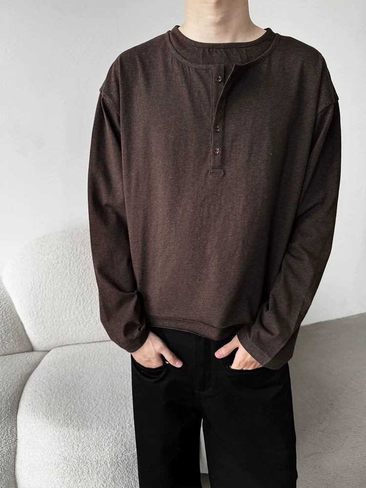 Erole Henry Double Neck Solid Color Long Sleeve T-Shirt