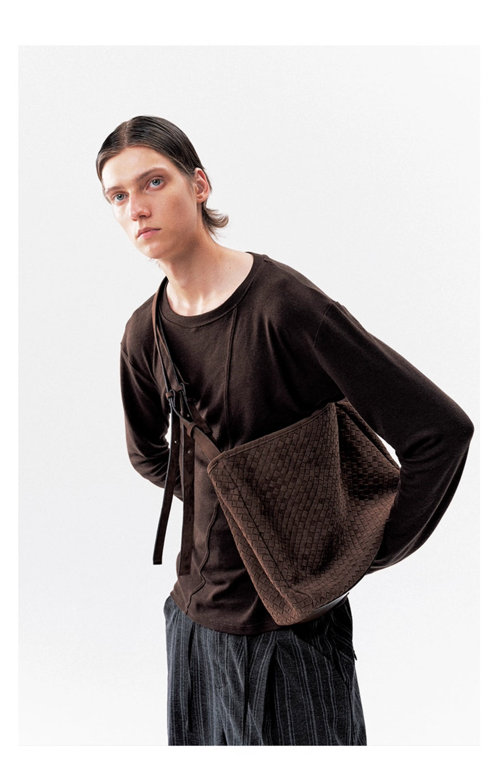 NOT UGLY 25AW Kendo hand-woven tan double strap shoulder suede soft diagonal span hobo bag