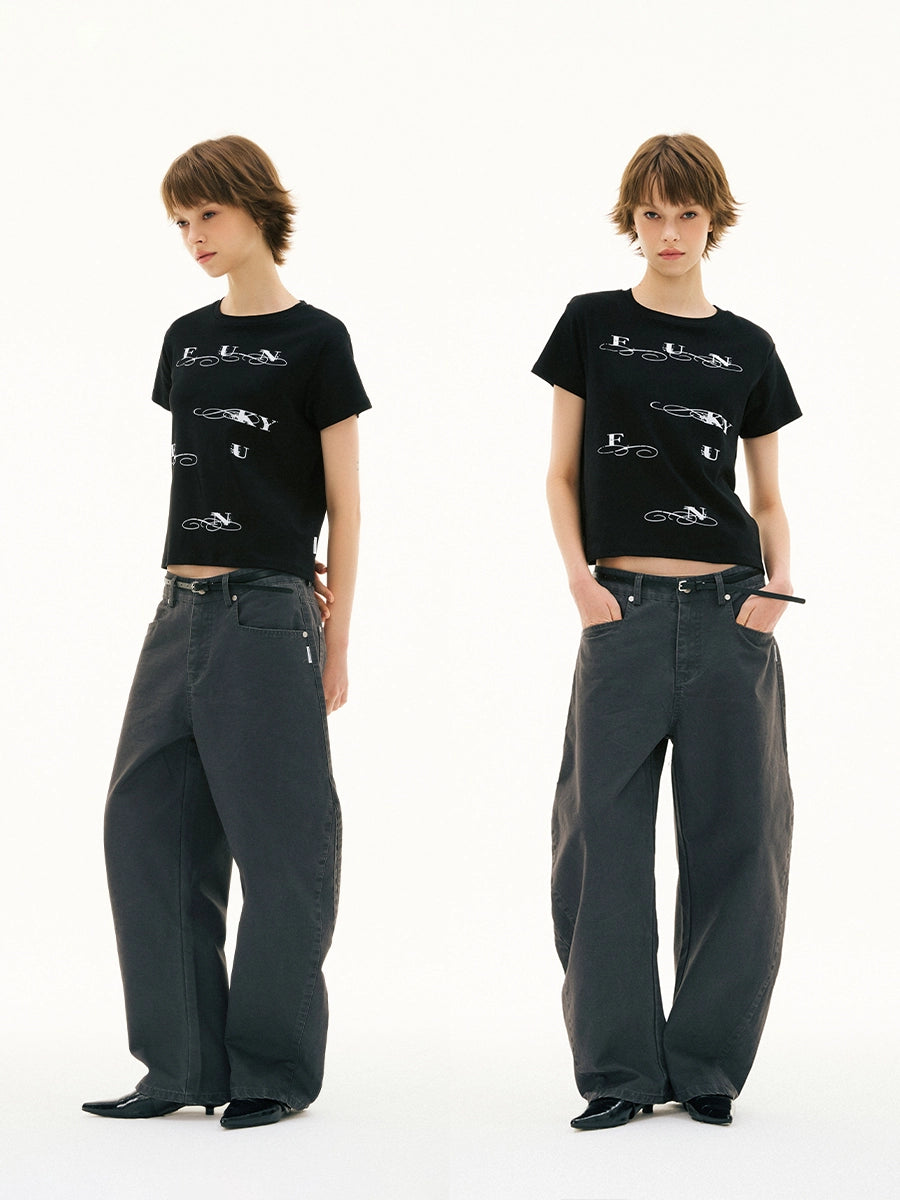 FUNKYFUN Flower Type Brand Logo Flocking Printing Tee