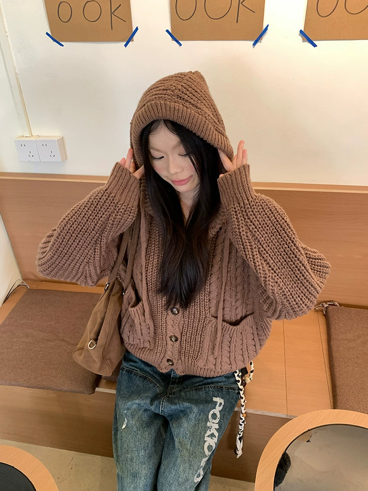 EAHO Vintage Twist Hooded Knitted Cardigan Sweater