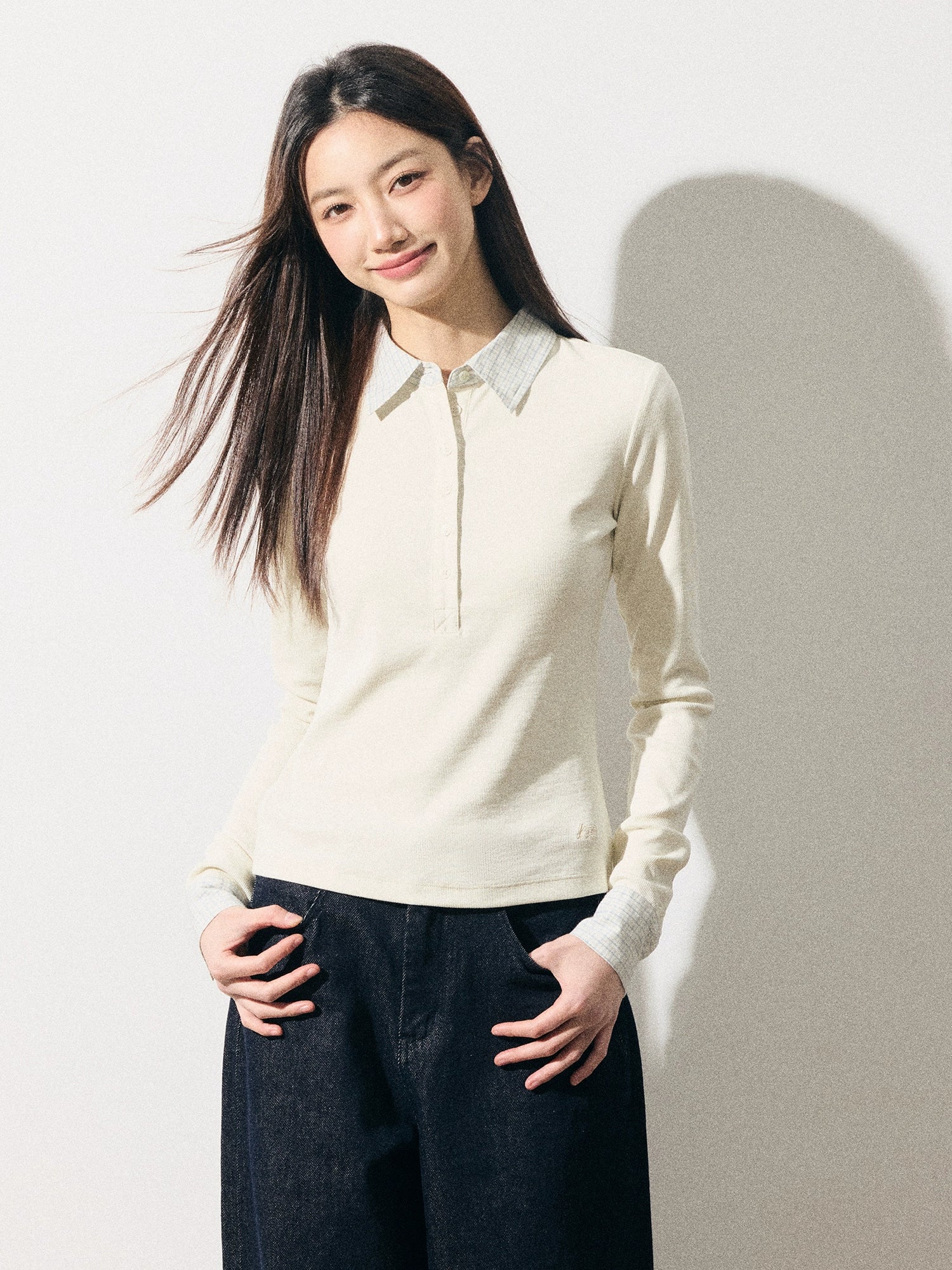 RPB BRAND Checked Splicing Polo Collar Fake Two-piece Waist College Bottoming Shirt