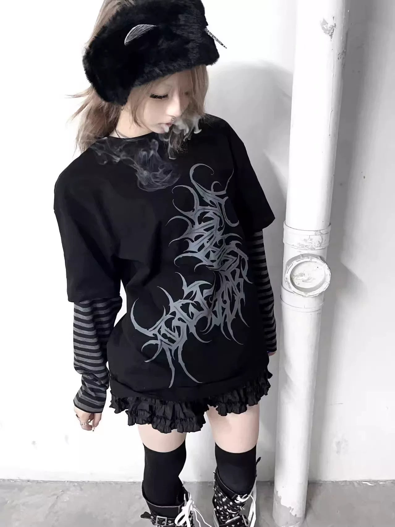 Wetbody Centipede Print Fake Two Long Sleeves