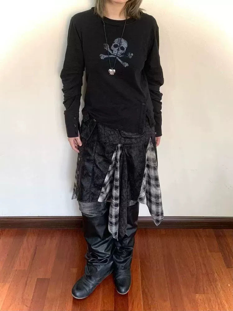 DETW 24AW Original * Skull Slightly Transparent Double Neckline Bamboo Cotton Scimitar pleated Tee