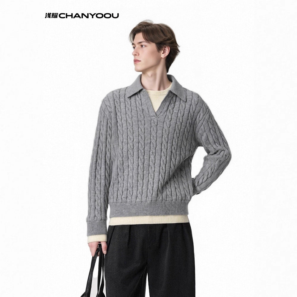 CHANYOOU Vintage Woven Twist Pattern Lapel Knitted Sweater