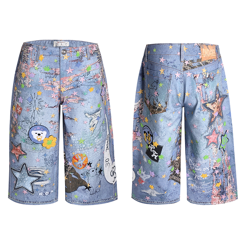 DND4DES Digital Printing Denim Shorts Cartoon Cropped Pants