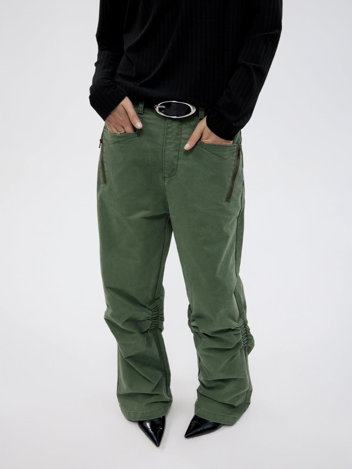 FUNKYFUN Rubber Band Pleated Design Straight Casual Pants