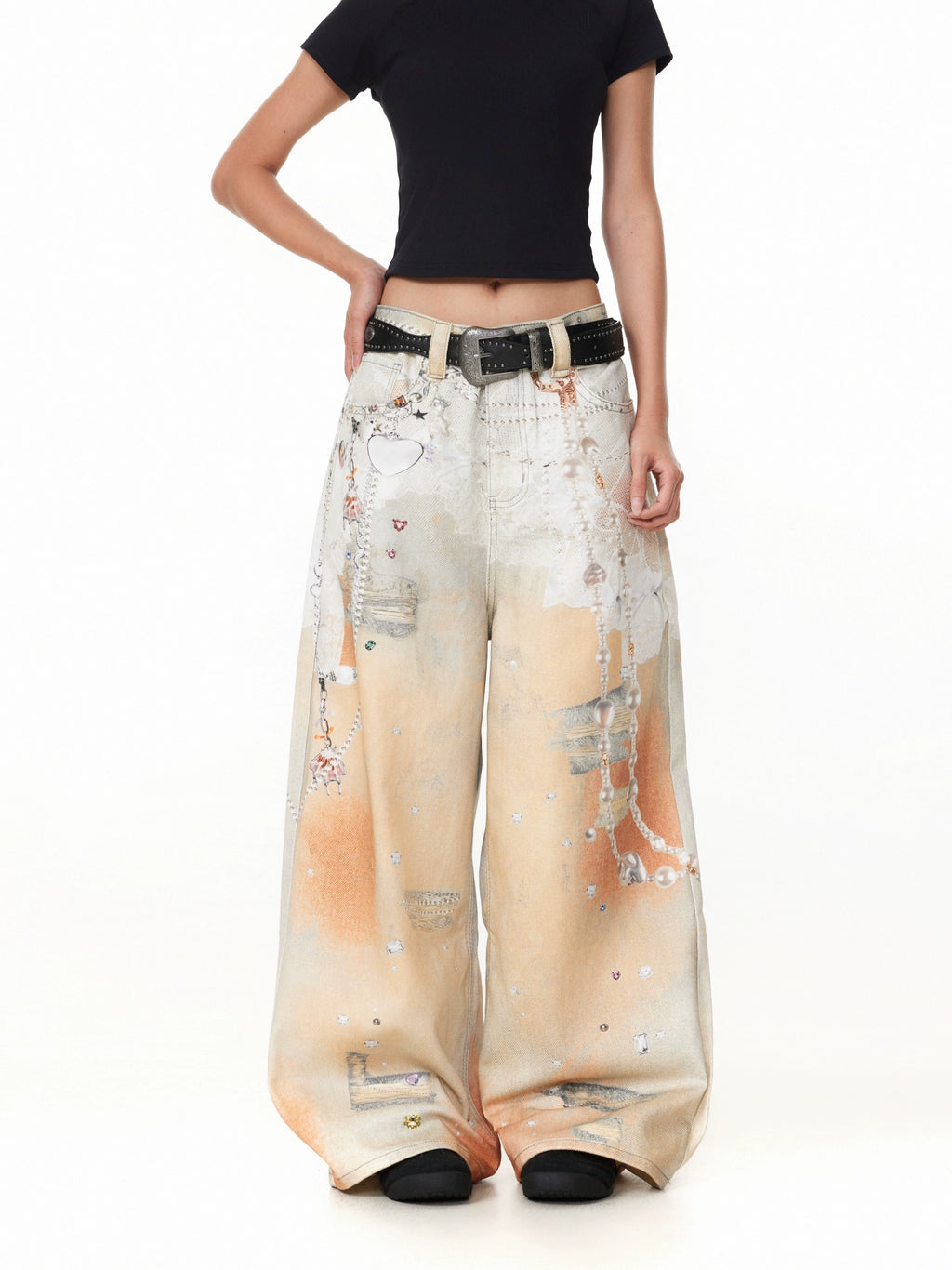 BTSG Retro 3D Chain Printing Loose Wide-leg Jeans