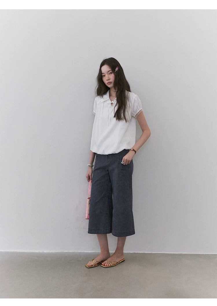 VOOE Lapel Strap Lace Shirt