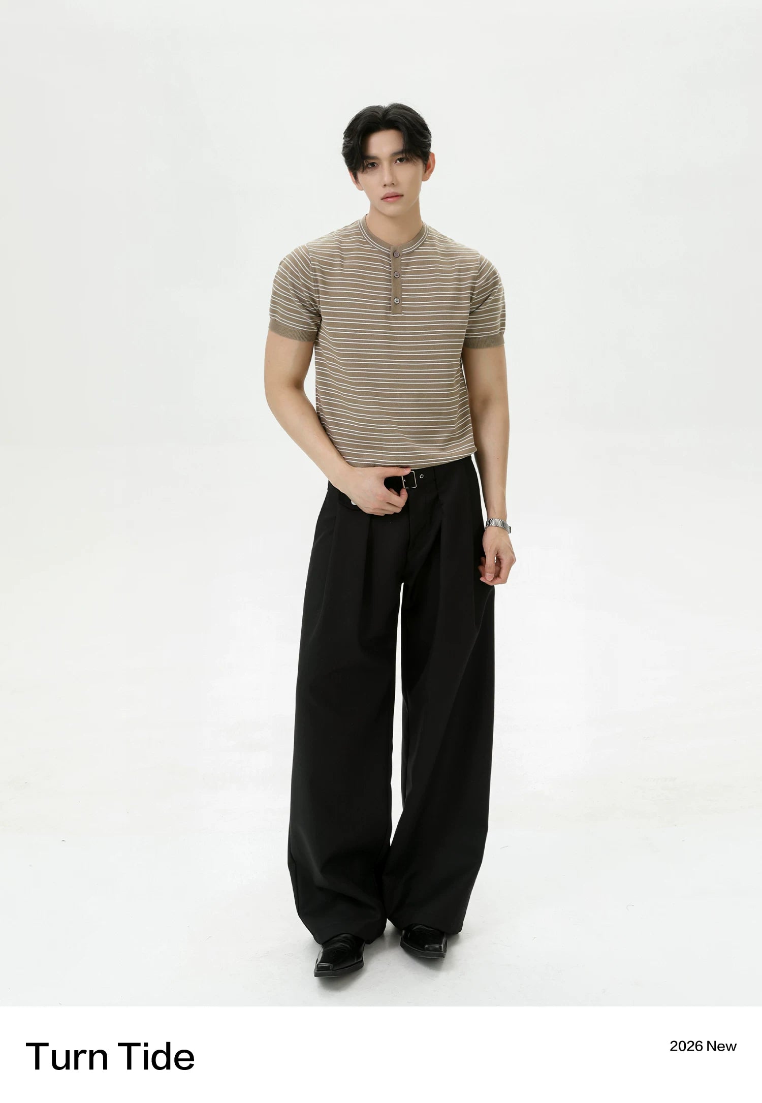TURNTIDE Front Shoulder Striped Contrasting Knitted Tee