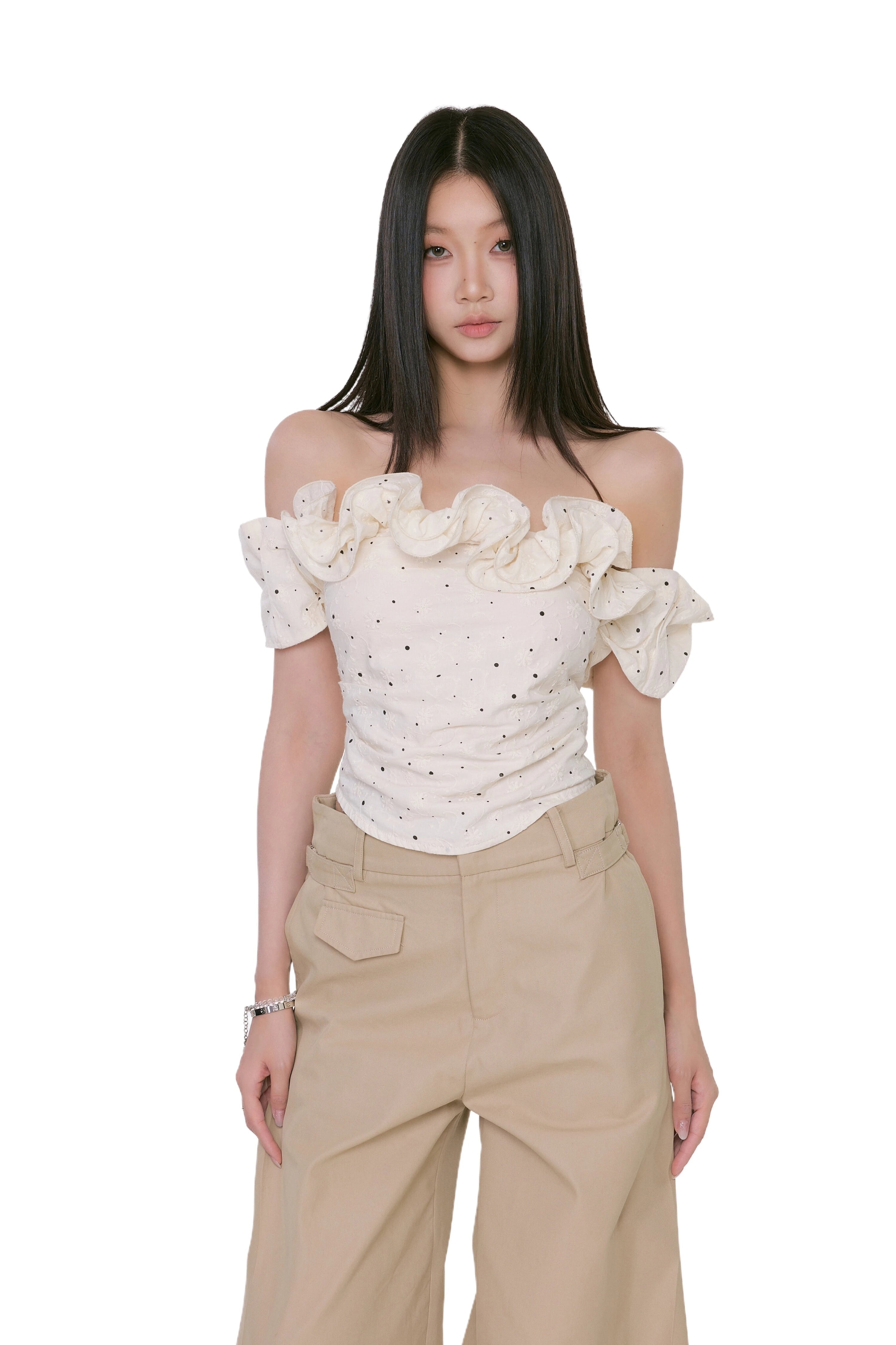 WITHMIN One-word Shoulder Polka Dot Waist Shirt