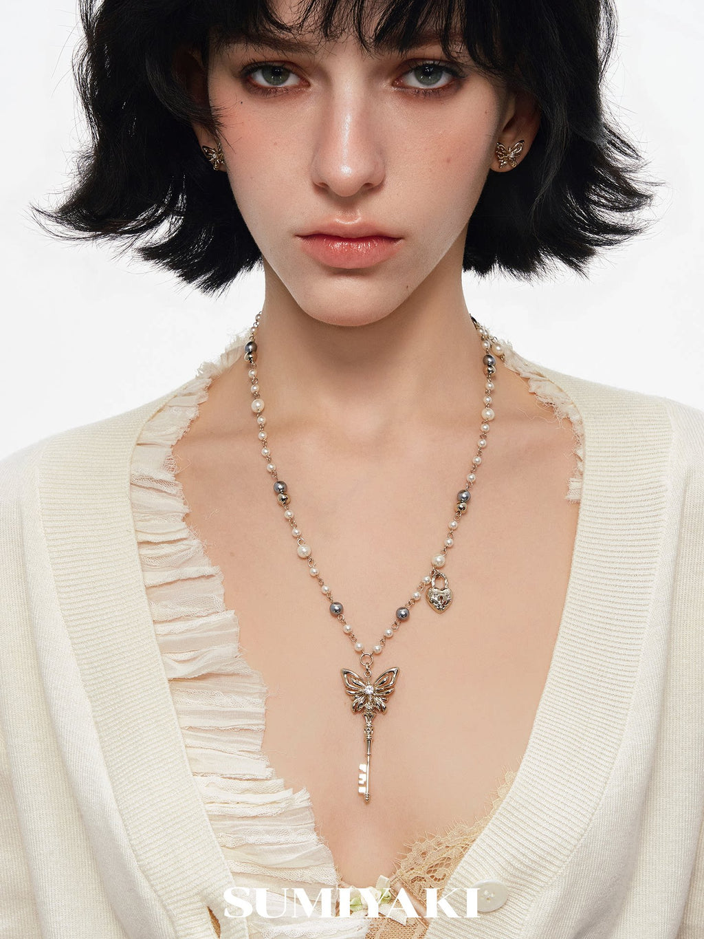 Sumiyaki Pearl Butterfly Layered Long Necklace