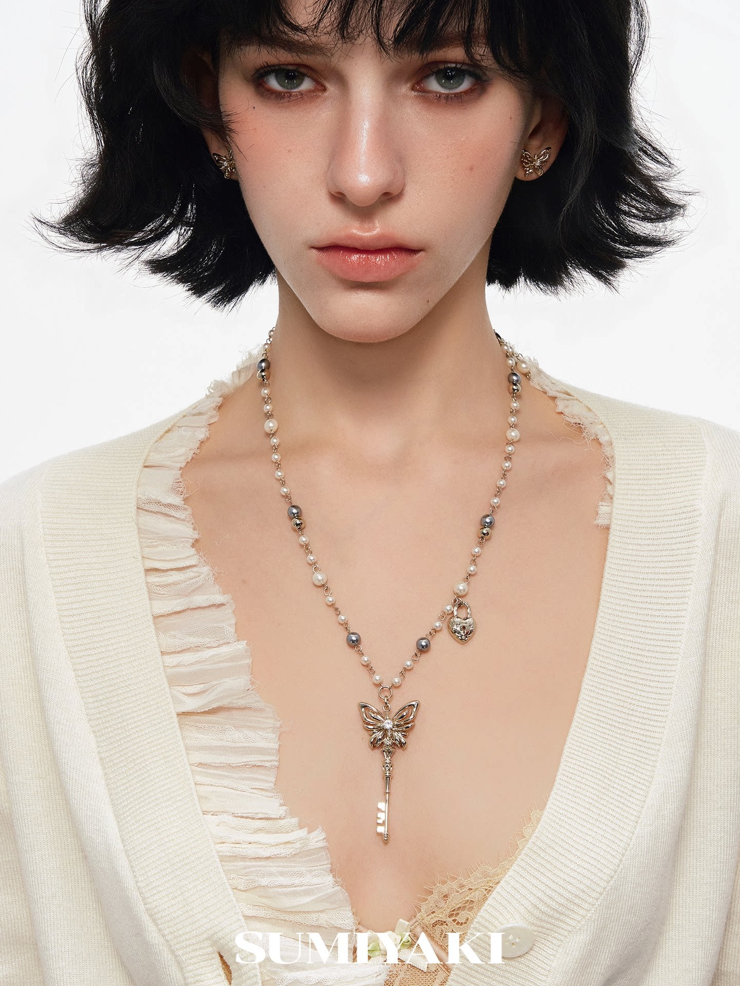 Sumiyaki Pearl Butterfly Layered Long Necklace