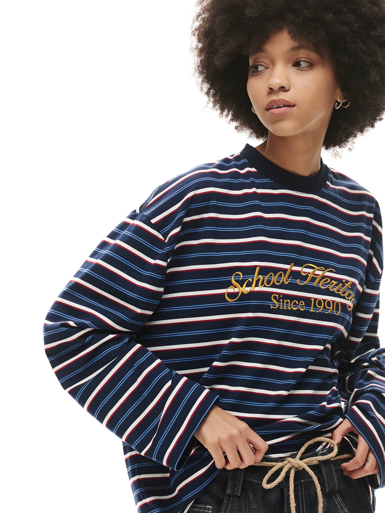 Loopsoon Striped Chest Contrast Print Crew Neck Long Sleeve