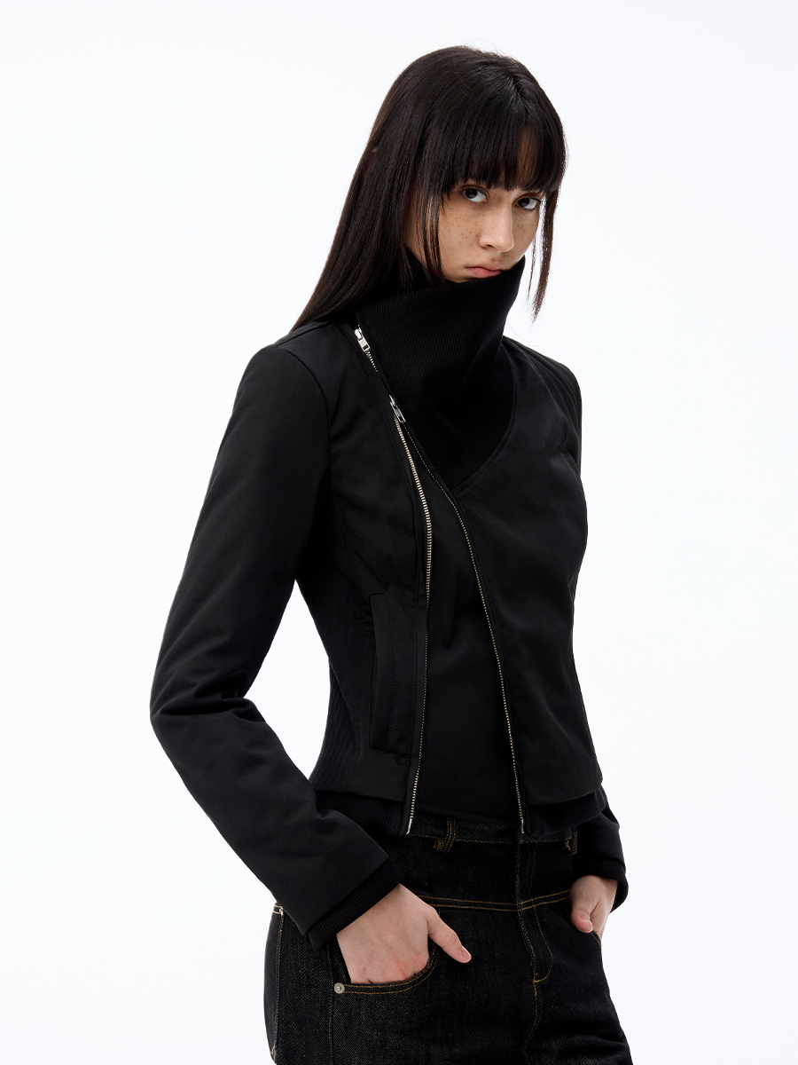 JCAESAR WOMEN Threaded Cross-Neck Slim-Fit Oblique Zipper Down Jacket