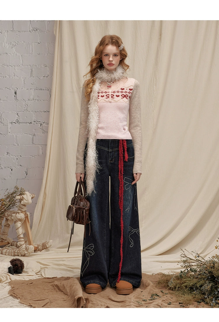 UNIFREE Cat Whisker Loose and Old Straight Jeans with Drill Splicing