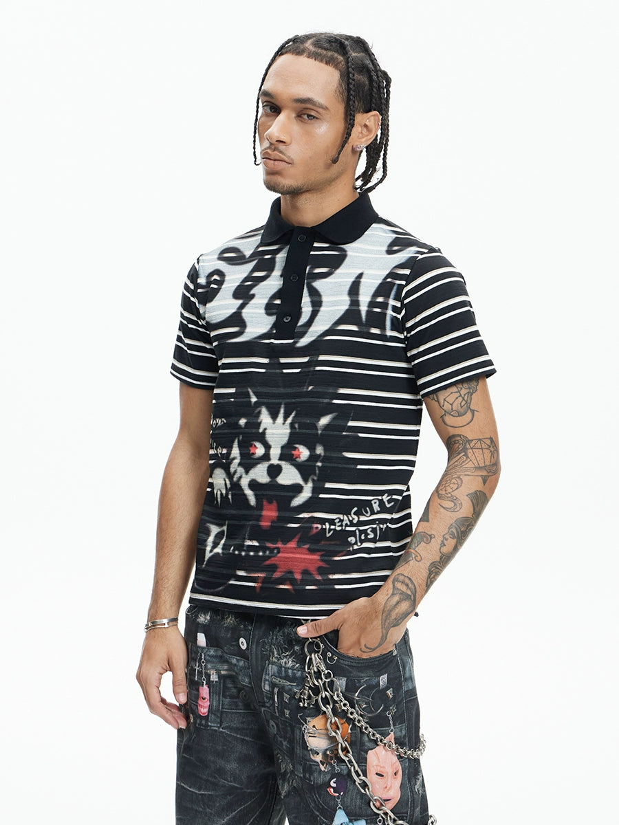 DND4DES Bad Cat Print Slim Fit Stretch Polo Shirt