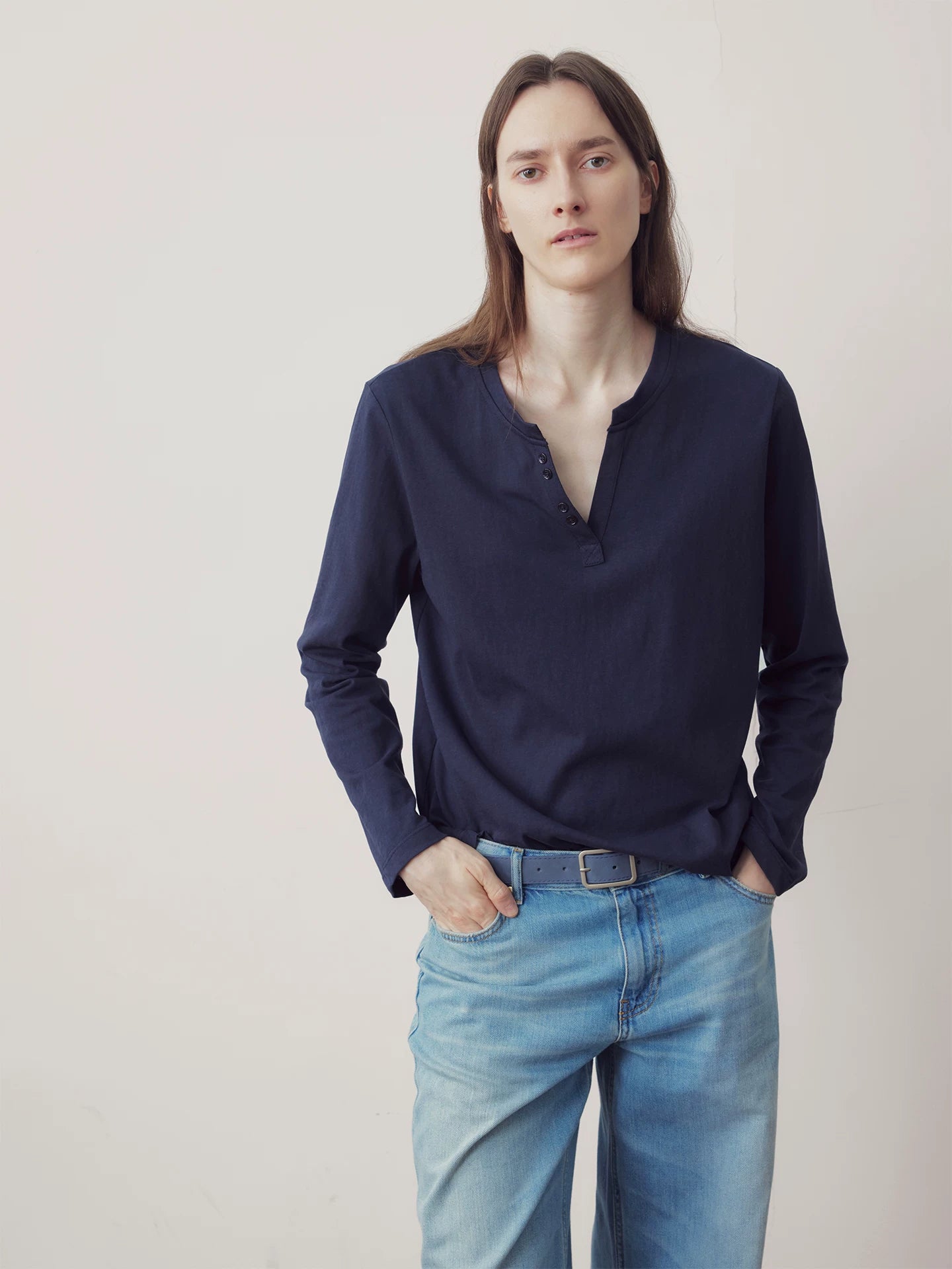 COLN Retro V-neck Casual Versatile Long Sleeves