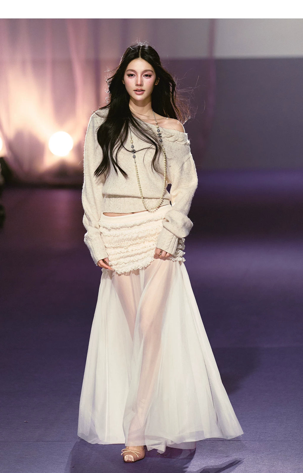 AGAM Three-dimensional Pleated Mesh Stitching Semi-transparent Long Skirt