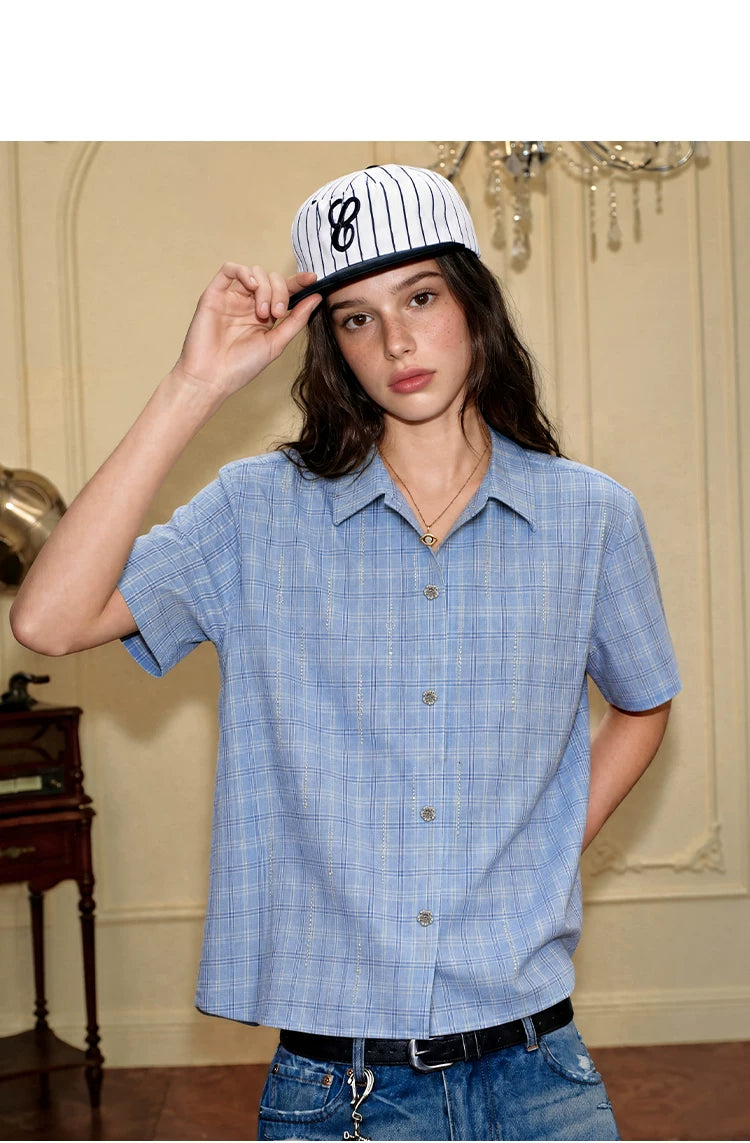 YADcrew Hot Diamond Plaid Light Luxury Short Sleeve Shirt
