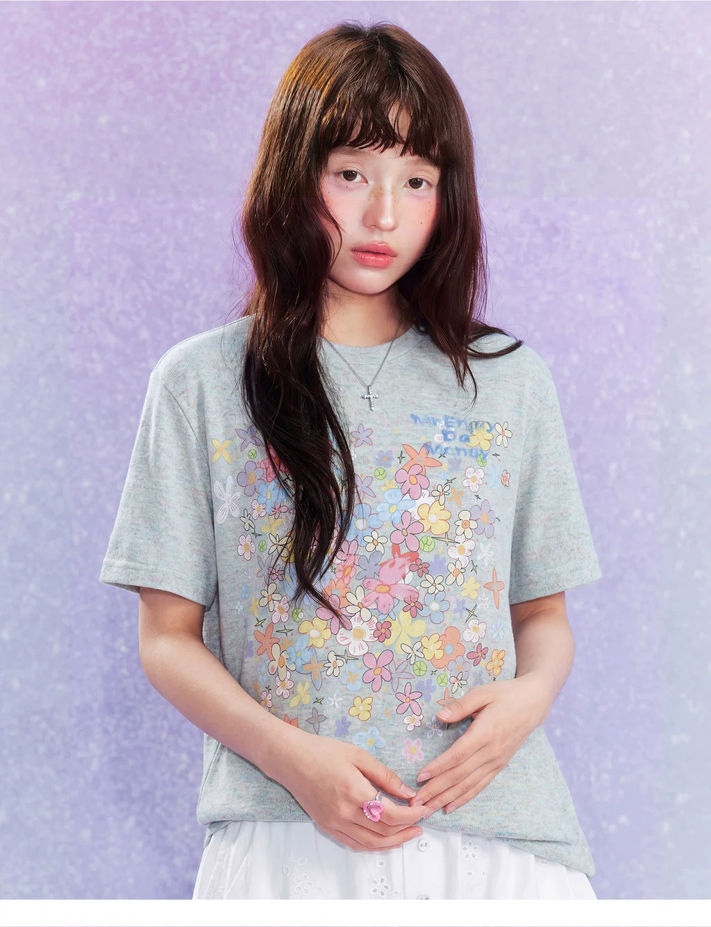 MEDM Flower Print Color Yarn Casual Loose Tee