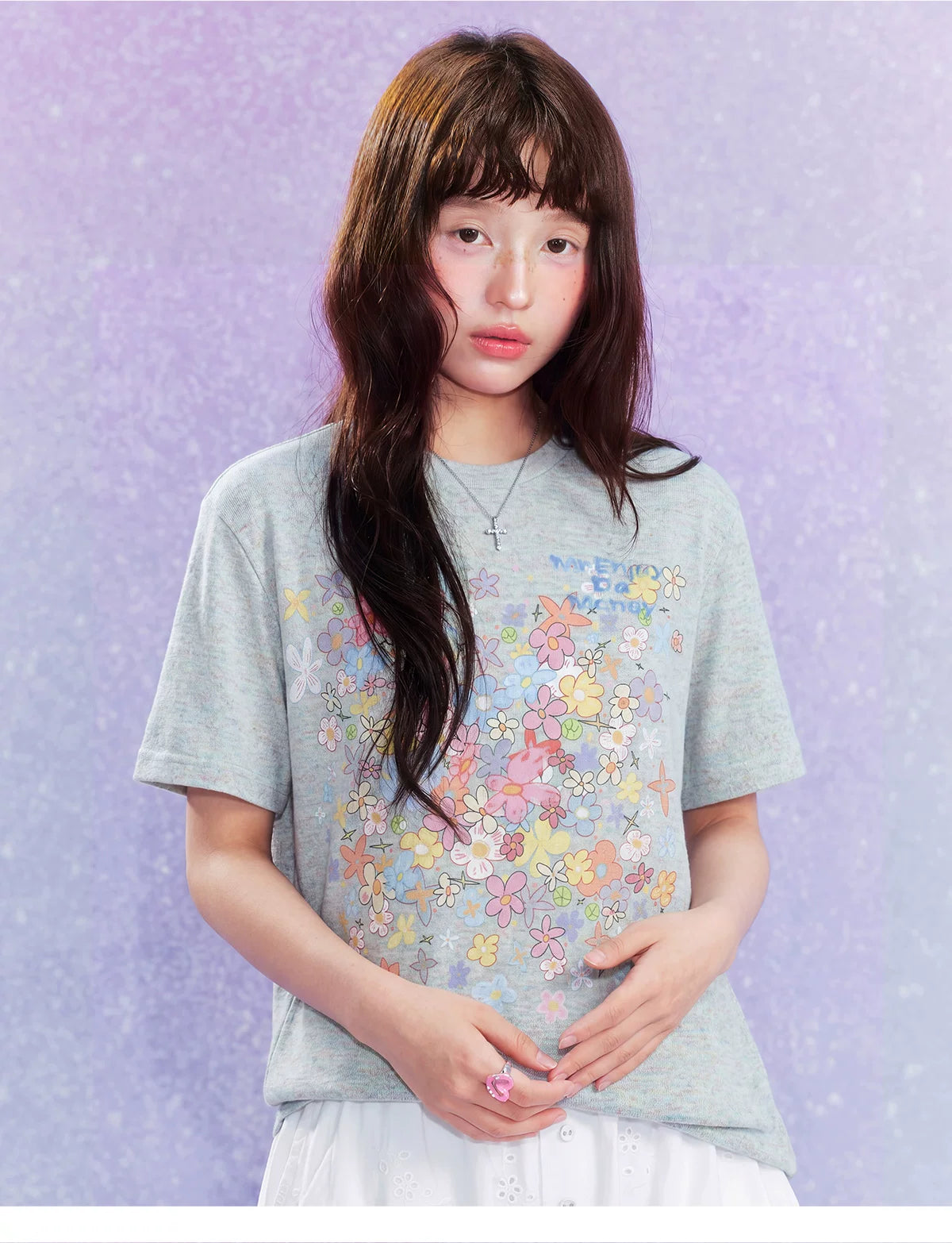 MEDM Flower Print Color Yarn Casual Loose Tee