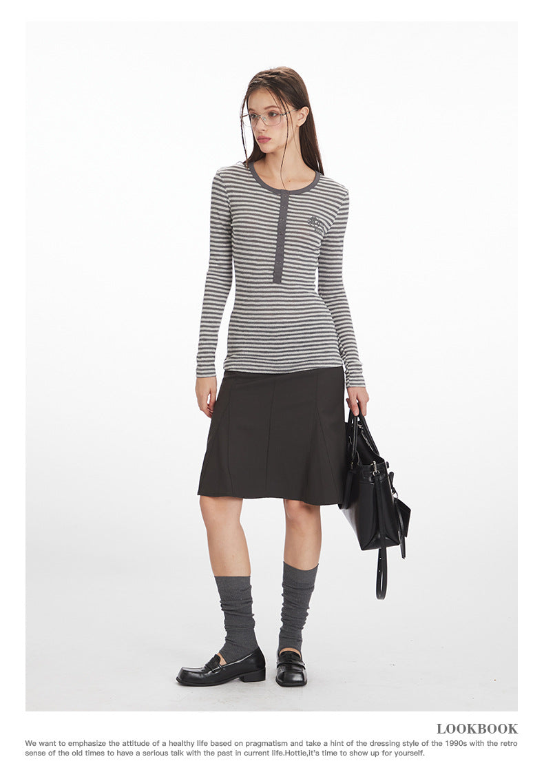 Nariele Henry Collar Slim Skinny Striped Long Sleeves