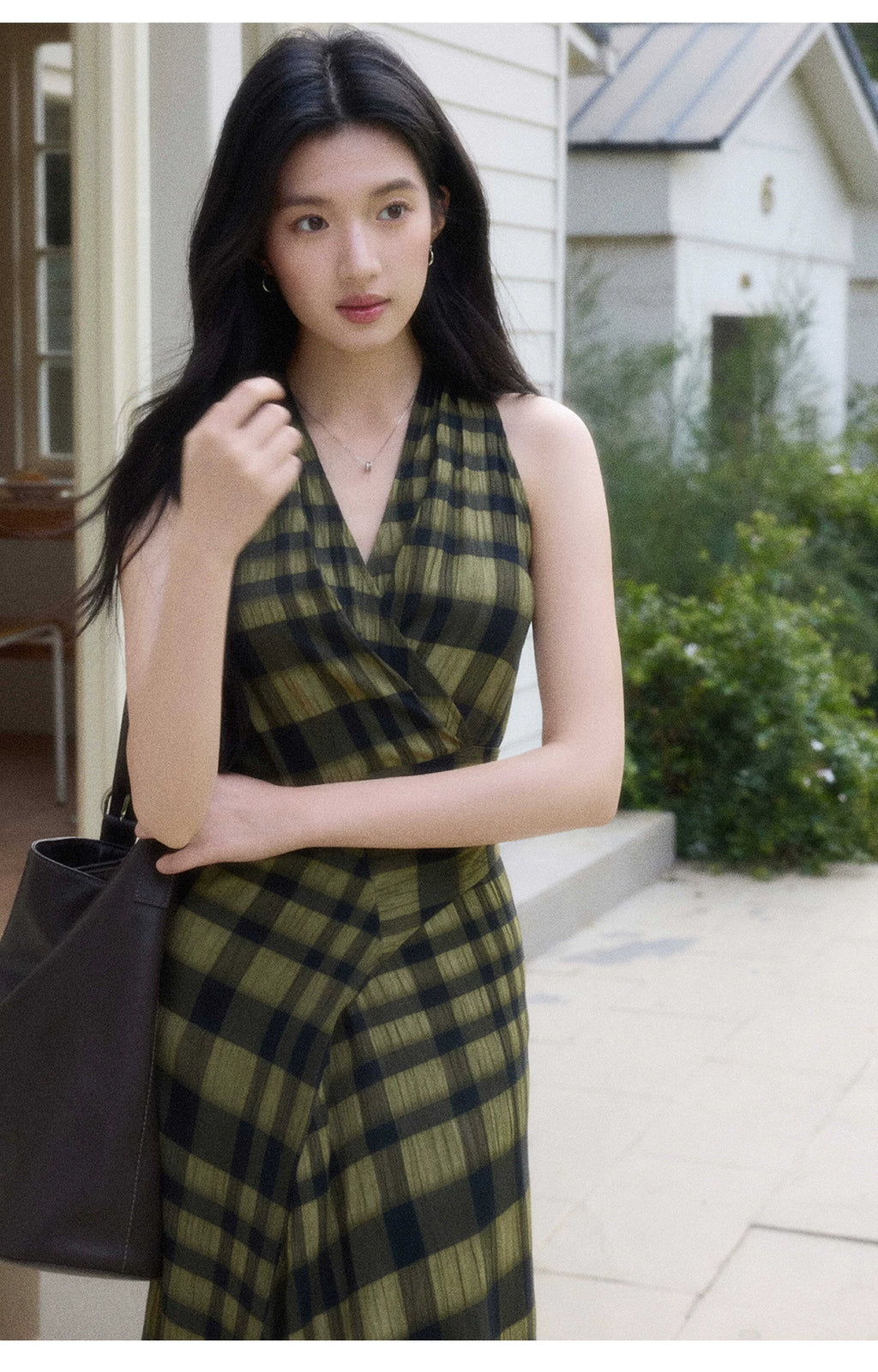 TYANG Retro V-neck Plaid Dress