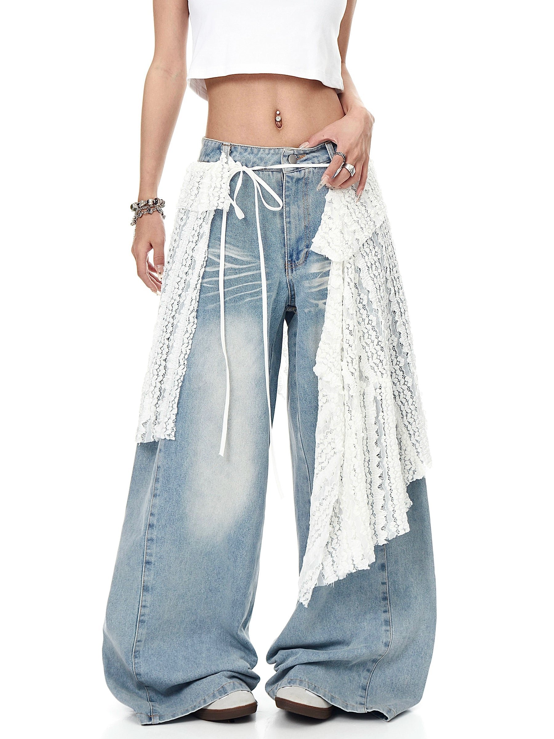BLACKLISTS Vintage Lace Fart Curtain Stacked on Scimitar Jeans