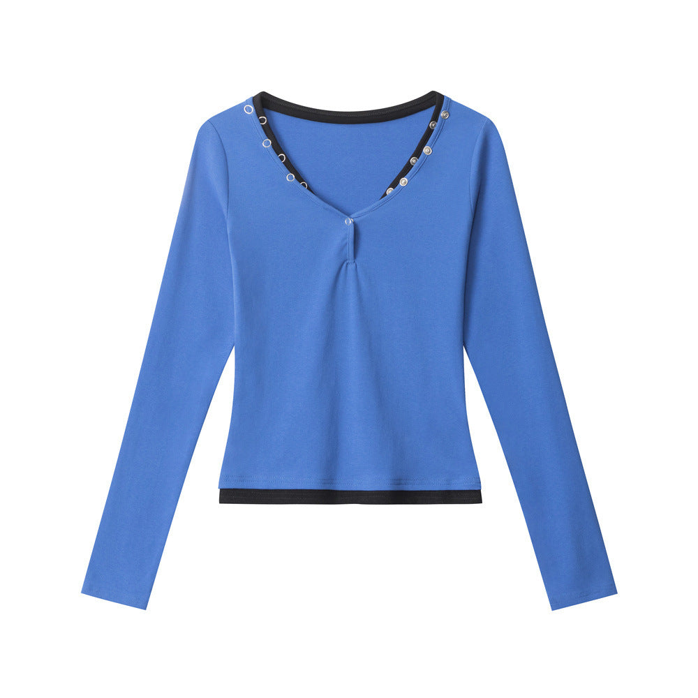 Nariele Big V-Neck Contrast Color Slim Skinny Long Sleeves