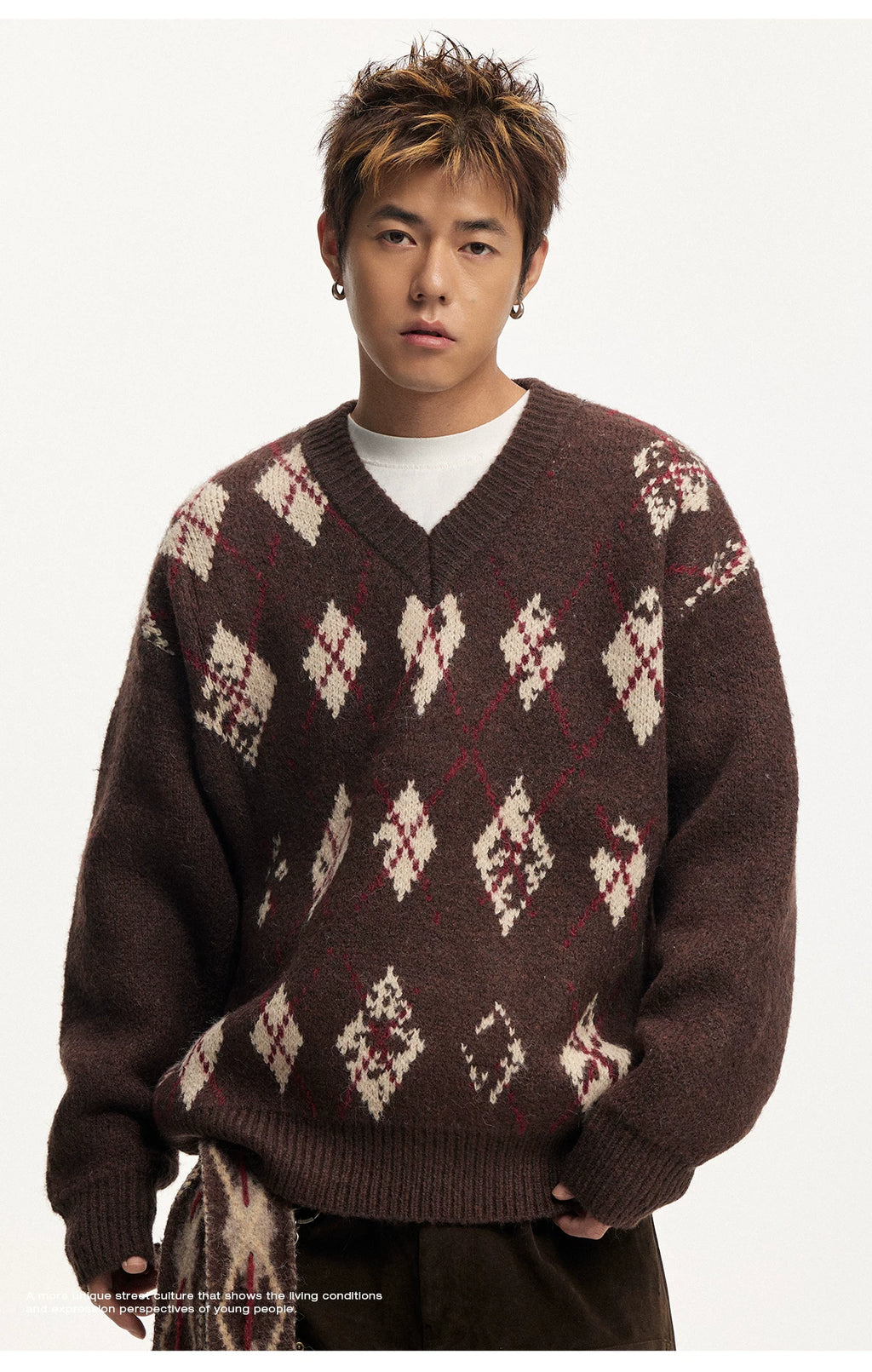 CoosRetro V-Neck Vintage Rhombus Checked Casual Knitted Sweater