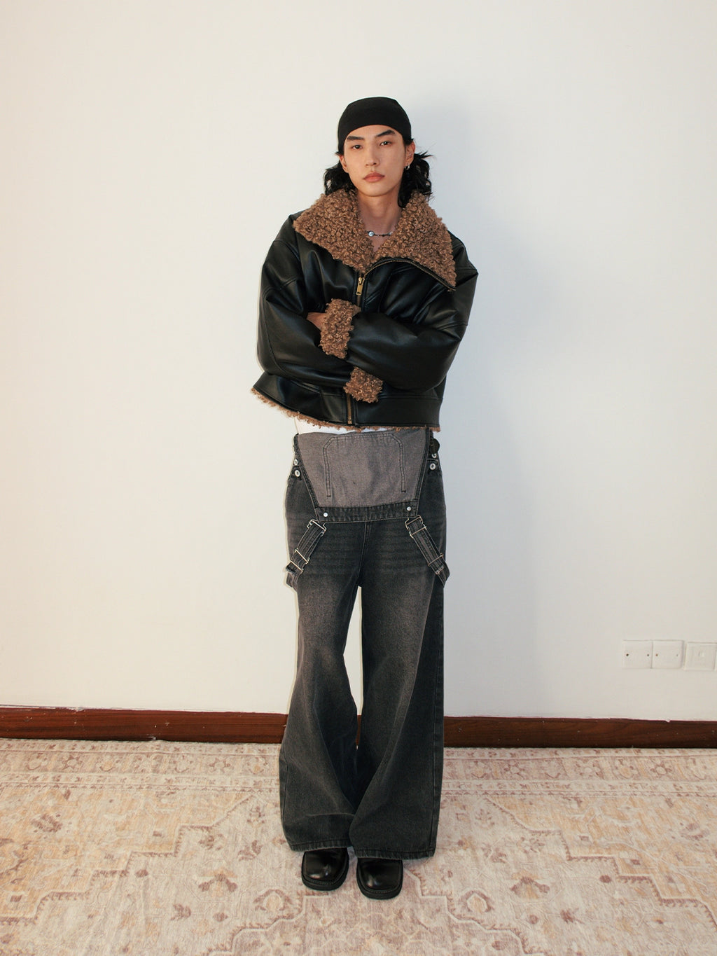 FUNKYFUN Leather Contrasting Spliced Cotton Jacket