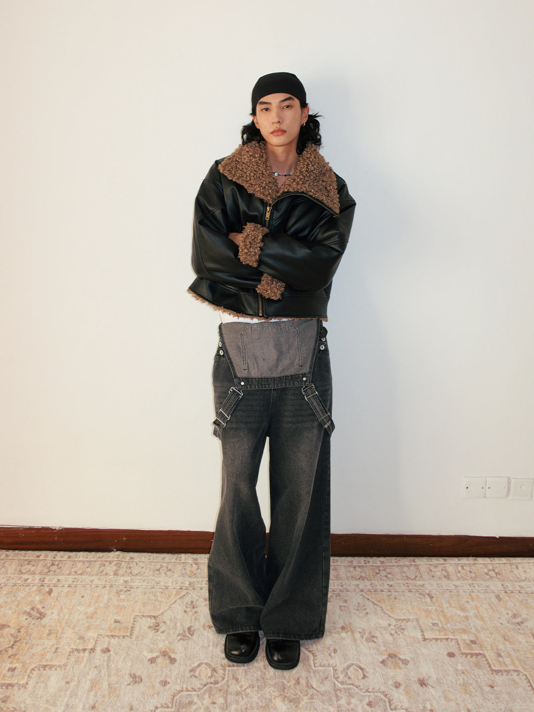 FUNKYFUN Leather Contrasting Spliced Cotton Jacket